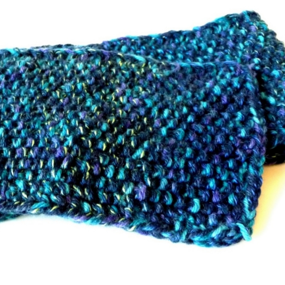 Handknit Scarf Blue Green Purple Wool Seed Stitch Tweed Unisex OOAK Hand Made